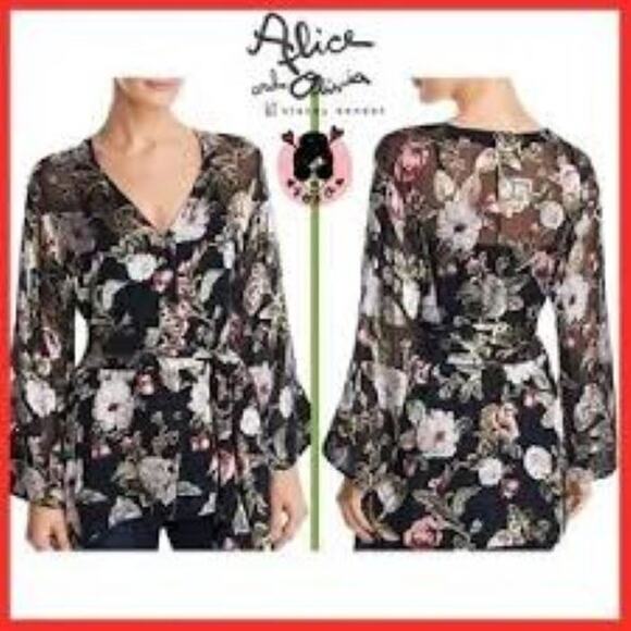 ALICE & OLIVIA ROSARIO Silk & Velvet Top - Size XS - Black Floral - $330 New - Picture 4 of 15